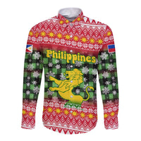Philippines Christmas Long Sleeve Button Shirt with Red-Green Plaid Design, Yellow Lion, and National Coat of Arms Motif - Wonder Print Shop