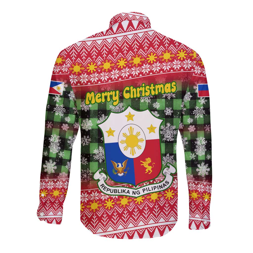 Philippines Christmas Long Sleeve Button Shirt with Red-Green Plaid Design, Yellow Lion, and National Coat of Arms Motif - Wonder Print Shop
