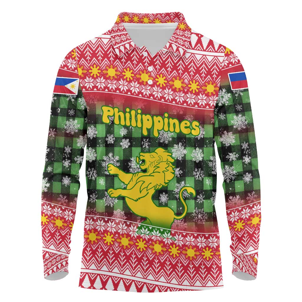 Philippines Christmas Long Sleeve Polo Shirt with Red-Green Plaid Design, Yellow Lion, and National Coat of Arms Motif - Wonder Print Shop