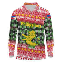 Philippines Christmas Long Sleeve Polo Shirt with Red-Green Plaid Design, Yellow Lion, and National Coat of Arms Motif - Wonder Print Shop