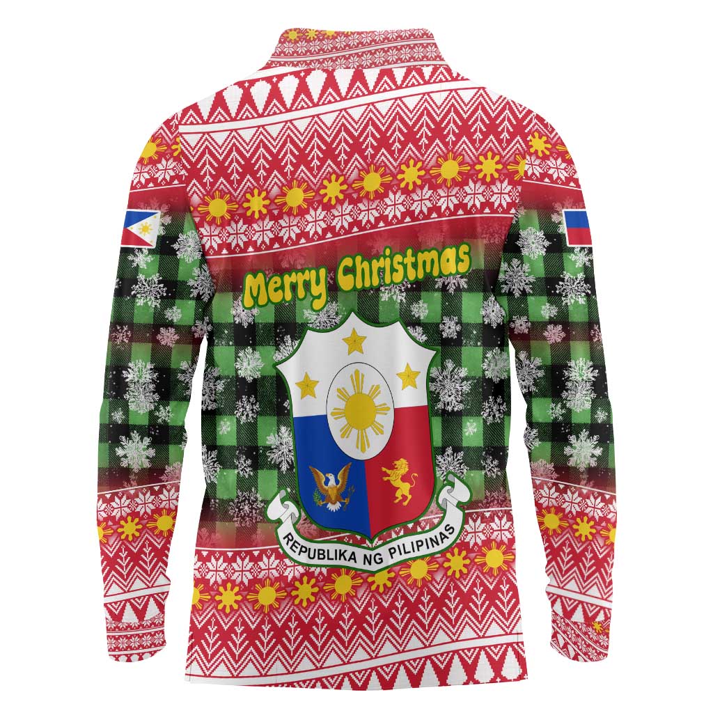 Philippines Christmas Long Sleeve Polo Shirt with Red-Green Plaid Design, Yellow Lion, and National Coat of Arms Motif - Wonder Print Shop