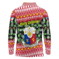 Philippines Christmas Long Sleeve Polo Shirt with Red-Green Plaid Design, Yellow Lion, and National Coat of Arms Motif - Wonder Print Shop