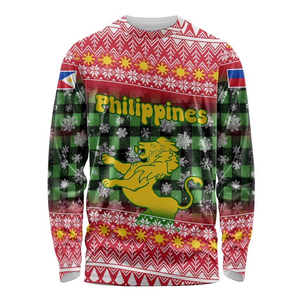Philippines Christmas Long Sleeve Shirt with Red-Green Plaid Design, Yellow Lion, and National Coat of Arms Motif - Wonder Print Shop