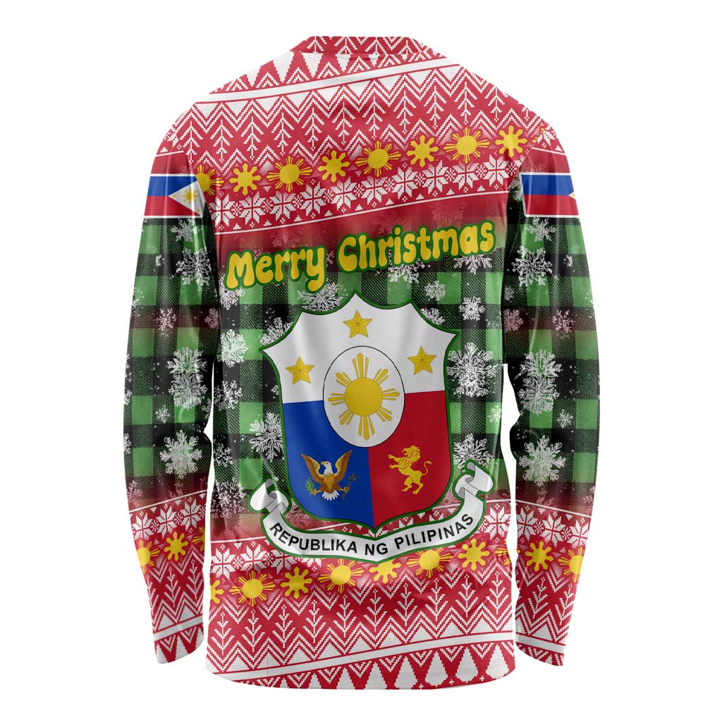 Philippines Christmas Long Sleeve Shirt with Red-Green Plaid Design, Yellow Lion, and National Coat of Arms Motif - Wonder Print Shop