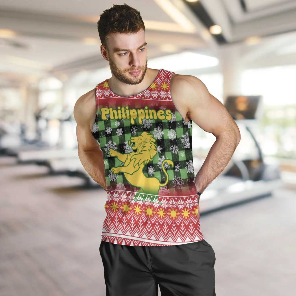 Philippines Christmas Men Tank Top with Red-Green Plaid Design, Yellow Lion, and National Coat of Arms Motif - Wonder Print Shop
