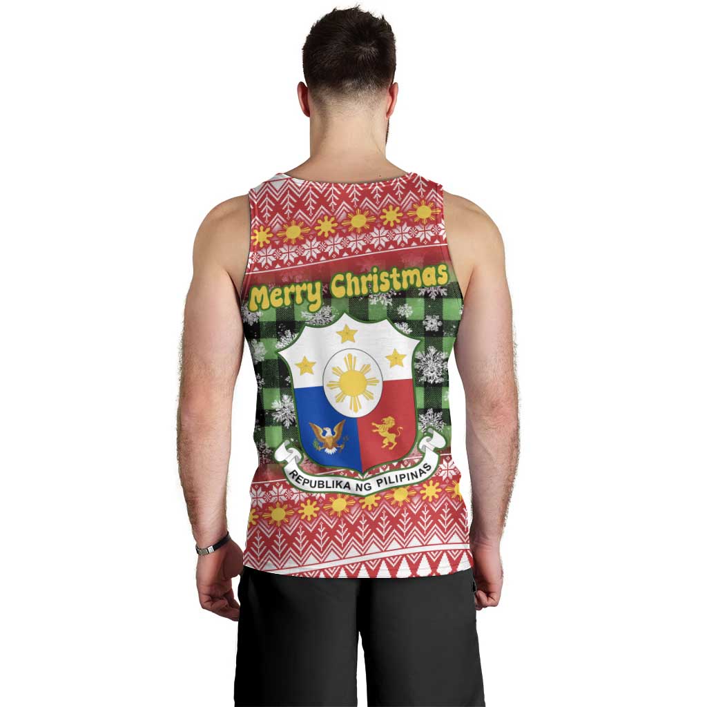 Philippines Christmas Men Tank Top with Red-Green Plaid Design, Yellow Lion, and National Coat of Arms Motif - Wonder Print Shop