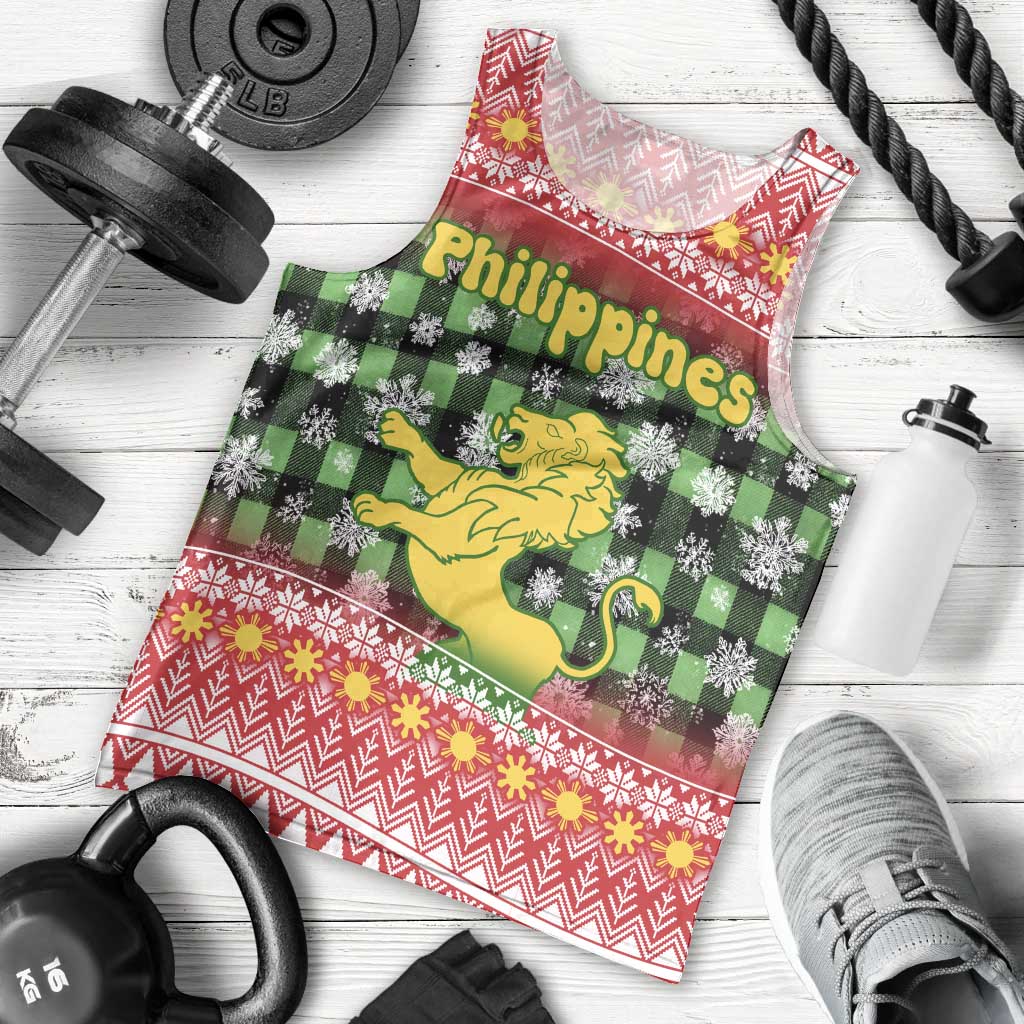 Philippines Christmas Men Tank Top with Red-Green Plaid Design, Yellow Lion, and National Coat of Arms Motif - Wonder Print Shop