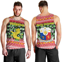 Philippines Christmas Men Tank Top with Red-Green Plaid Design, Yellow Lion, and National Coat of Arms Motif - Wonder Print Shop