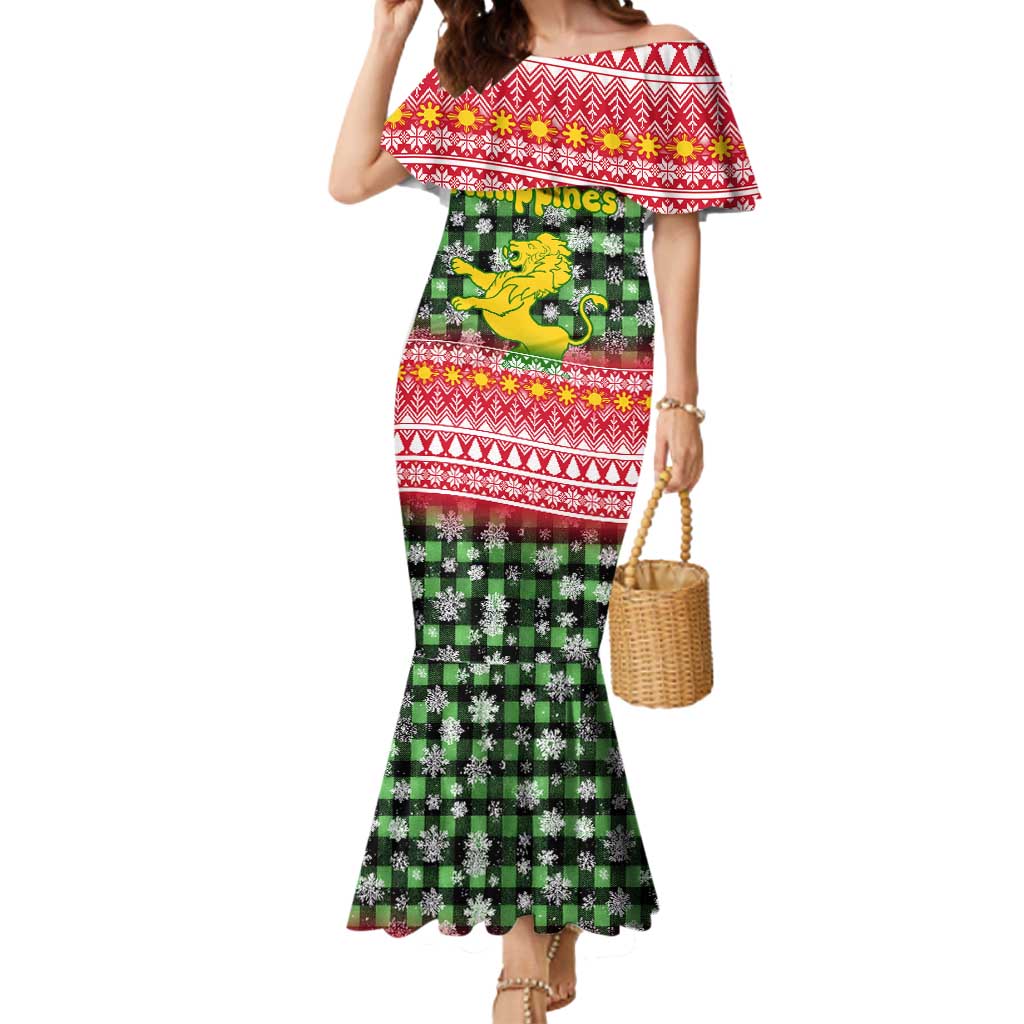 Philippines Christmas Mermaid Dress with Red-Green Plaid Design, Yellow Lion, and National Coat of Arms Motif - Wonder Print Shop