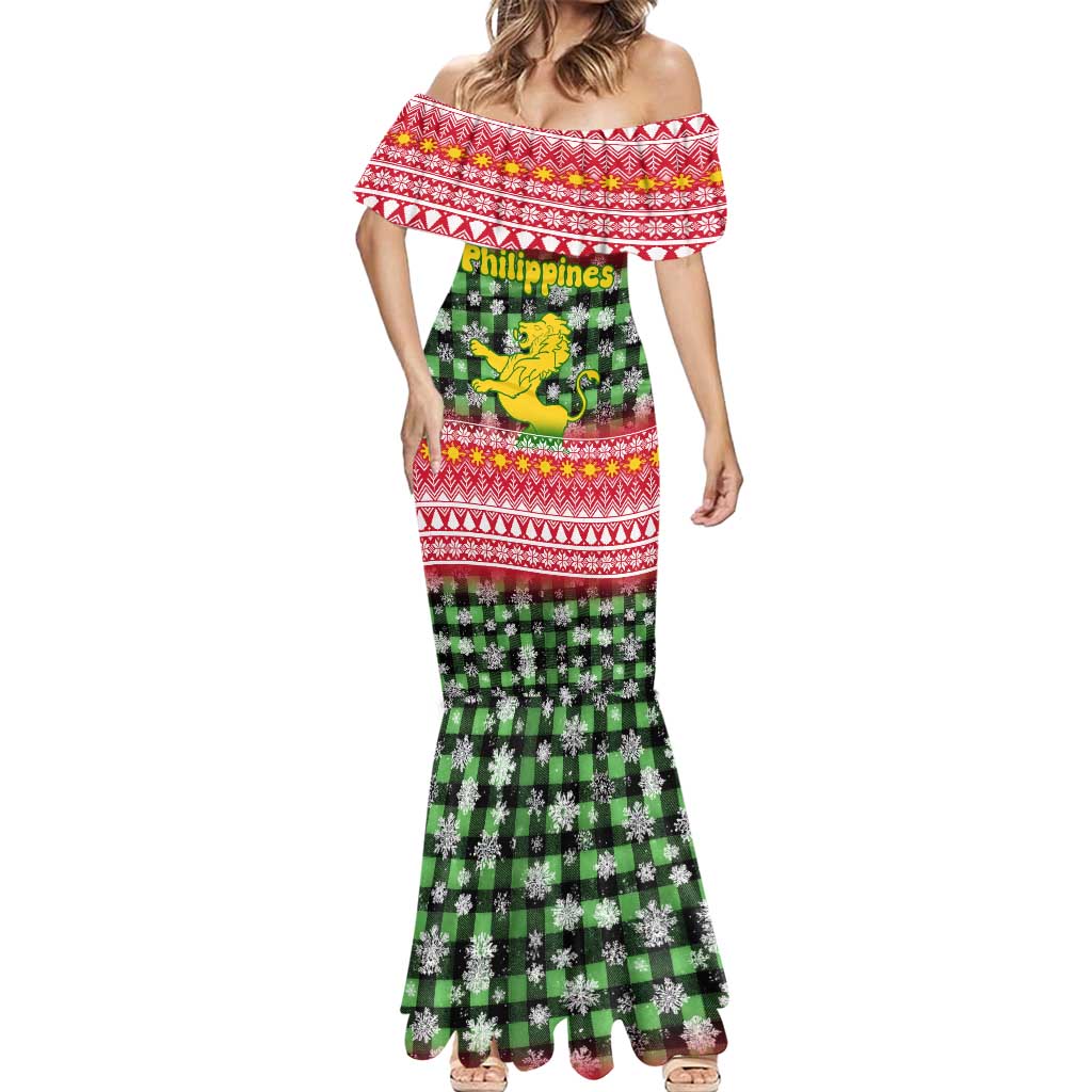 Philippines Christmas Mermaid Dress with Red-Green Plaid Design, Yellow Lion, and National Coat of Arms Motif - Wonder Print Shop