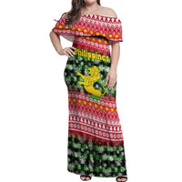 Philippines Christmas Off Shoulder Maxi Dress with Red-Green Plaid Design, Yellow Lion, and National Coat of Arms Motif - Wonder Print Shop