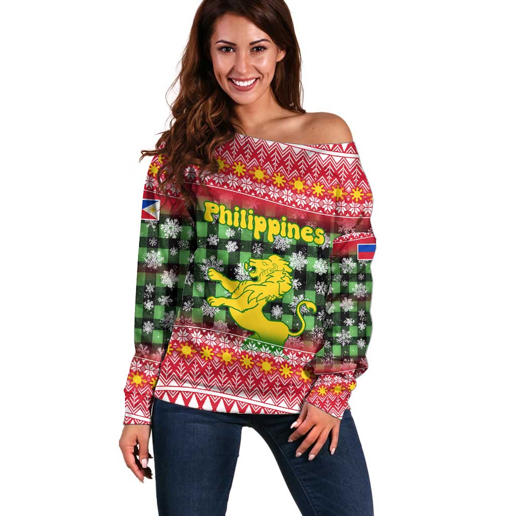 Philippines Christmas Off Shoulder Sweater with Red-Green Plaid Design, Yellow Lion, and National Coat of Arms Motif - Wonder Print Shop