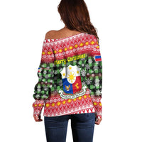 Philippines Christmas Off Shoulder Sweater with Red-Green Plaid Design, Yellow Lion, and National Coat of Arms Motif - Wonder Print Shop