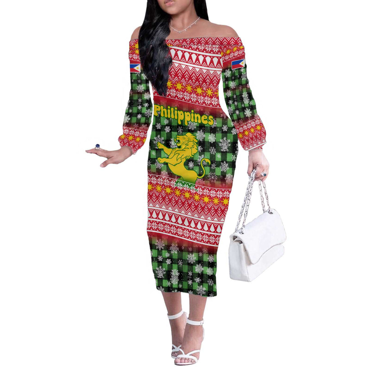Philippines Christmas Off The Shoulder Long Sleeve Dress with Red-Green Plaid Design, Yellow Lion, and National Coat of Arms Motif - Wonder Print Shop