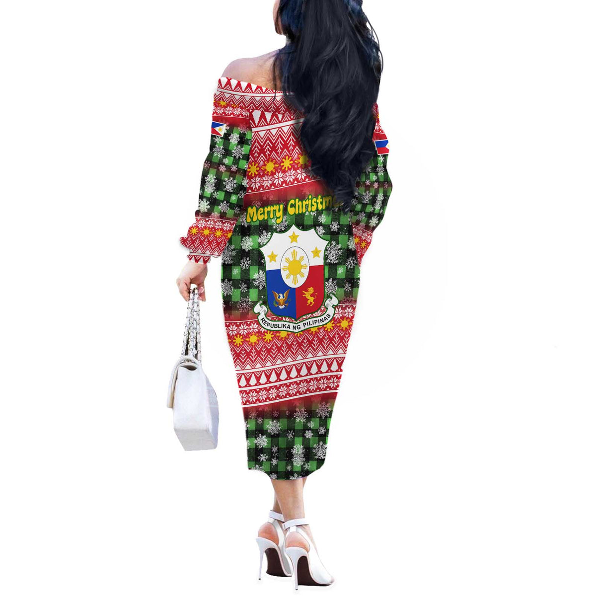 Philippines Christmas Off The Shoulder Long Sleeve Dress with Red-Green Plaid Design, Yellow Lion, and National Coat of Arms Motif - Wonder Print Shop