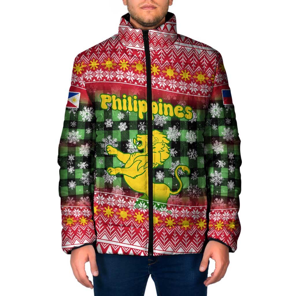Philippines Christmas Padded Jacket with Red-Green Plaid Design, Yellow Lion, and National Coat of Arms Motif - Wonder Print Shop