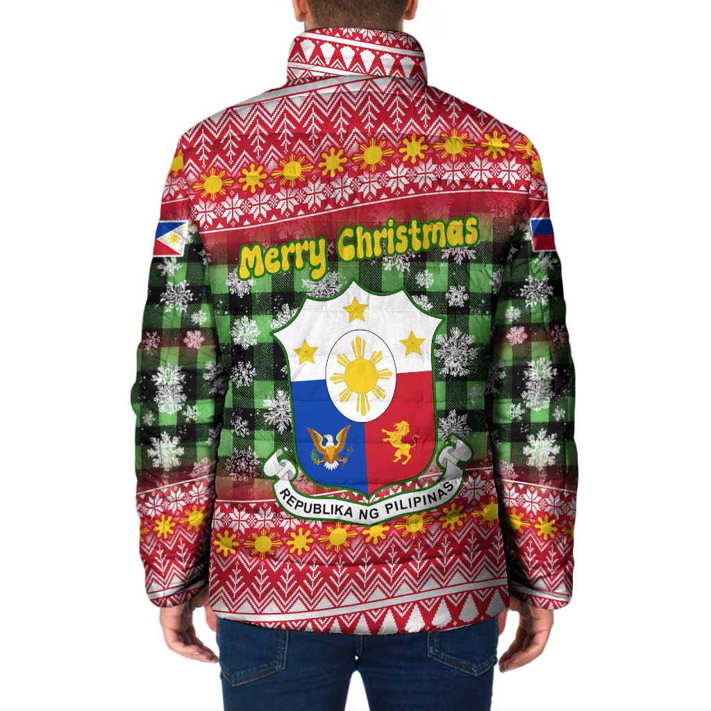 Philippines Christmas Padded Jacket with Red-Green Plaid Design, Yellow Lion, and National Coat of Arms Motif - Wonder Print Shop