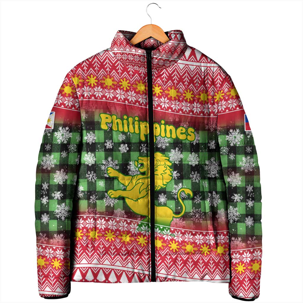 Philippines Christmas Padded Jacket with Red-Green Plaid Design, Yellow Lion, and National Coat of Arms Motif - Wonder Print Shop