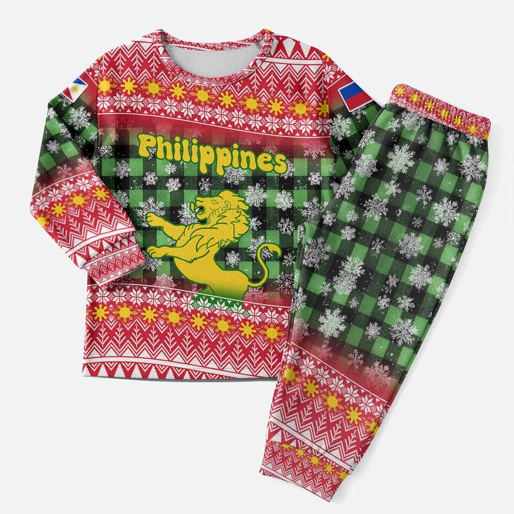 Philippines Christmas Pajama Set with Red-Green Plaid Design, Yellow Lion, and National Coat of Arms Motif - Wonder Print Shop