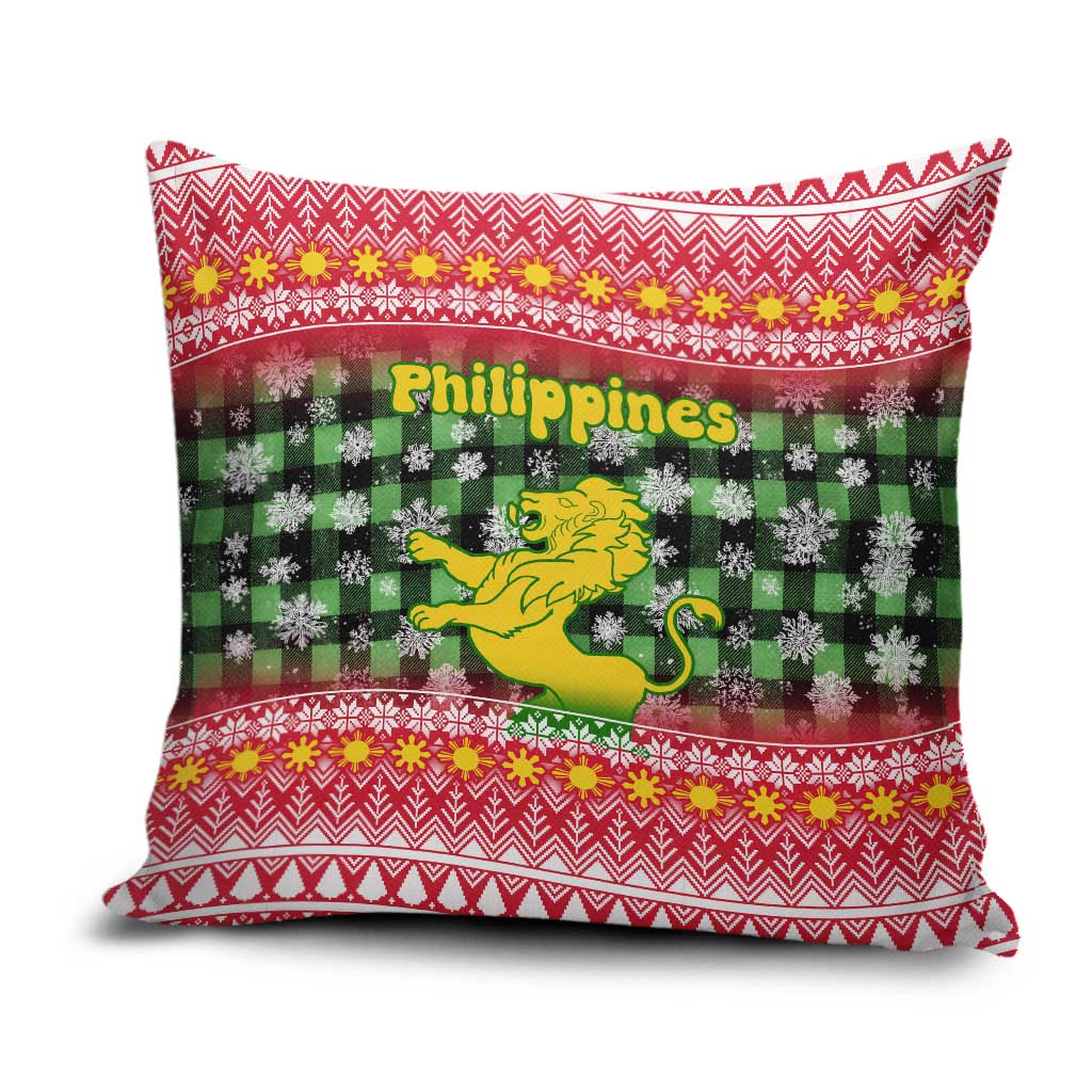 Philippines Christmas Pillow Cover with Red-Green Plaid Design, Yellow Lion, and National Coat of Arms Motif - Wonder Print Shop