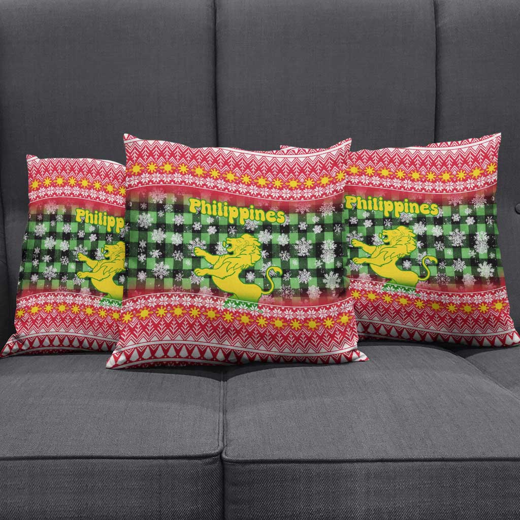 Philippines Christmas Pillow Cover with Red-Green Plaid Design, Yellow Lion, and National Coat of Arms Motif - Wonder Print Shop