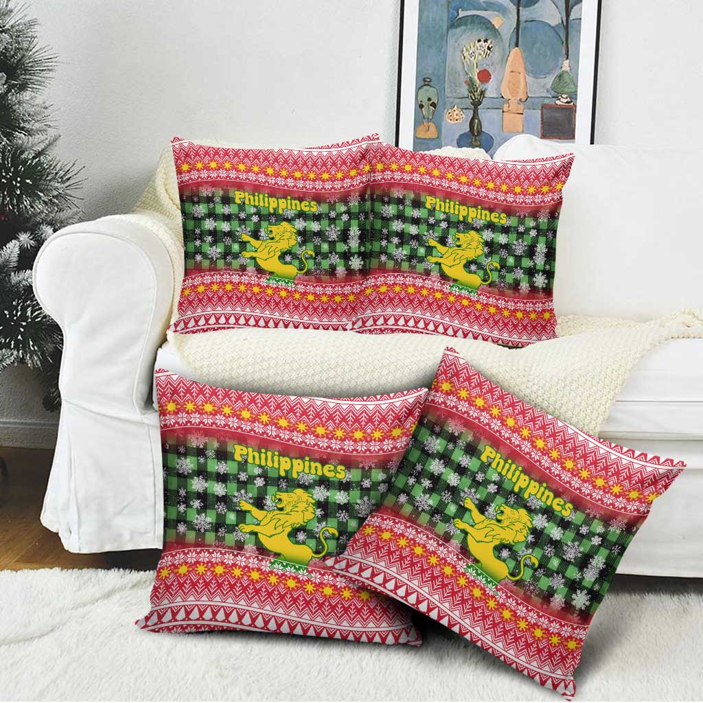 Philippines Christmas Pillow Cover with Red-Green Plaid Design, Yellow Lion, and National Coat of Arms Motif - Wonder Print Shop