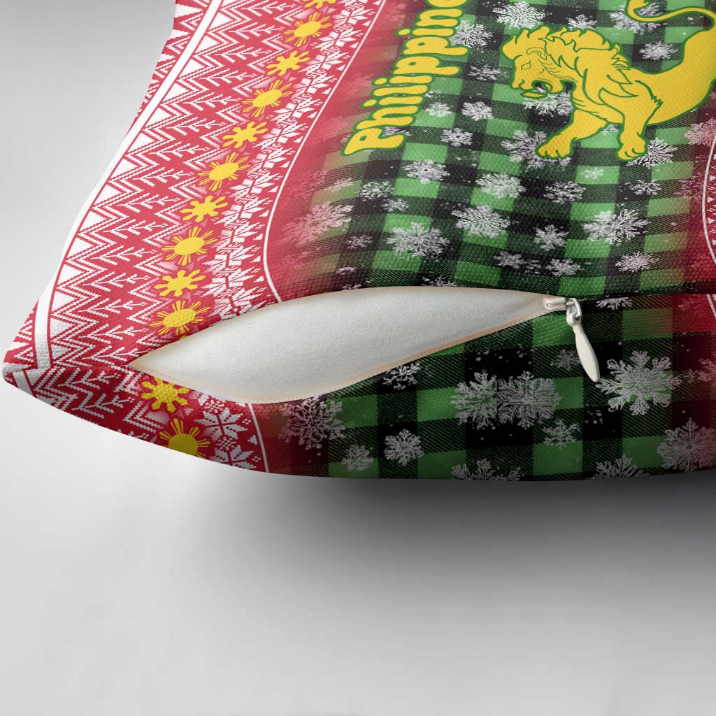 Philippines Christmas Pillow Cover with Red-Green Plaid Design, Yellow Lion, and National Coat of Arms Motif - Wonder Print Shop