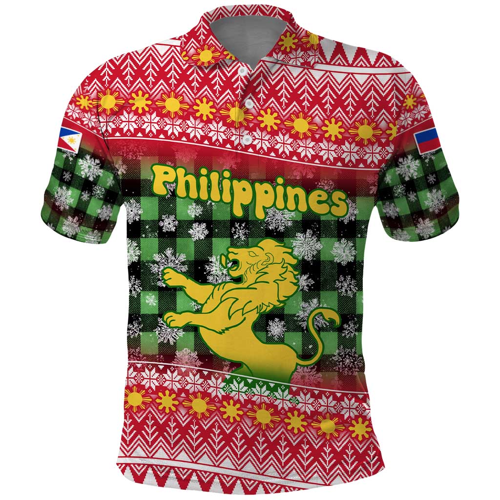 Philippines Christmas Polo Shirt with Red-Green Plaid Design, Yellow Lion, and National Coat of Arms Motif - Wonder Print Shop