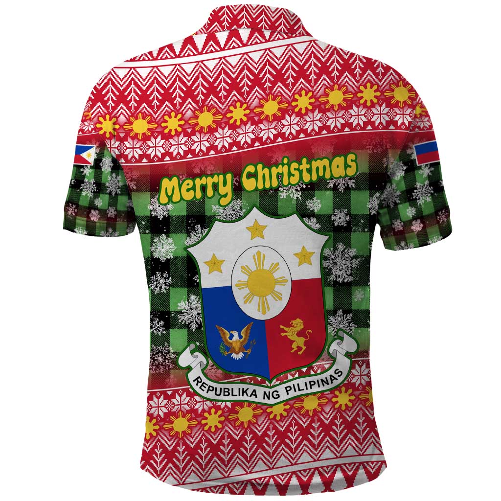 Philippines Christmas Polo Shirt with Red-Green Plaid Design, Yellow Lion, and National Coat of Arms Motif - Wonder Print Shop