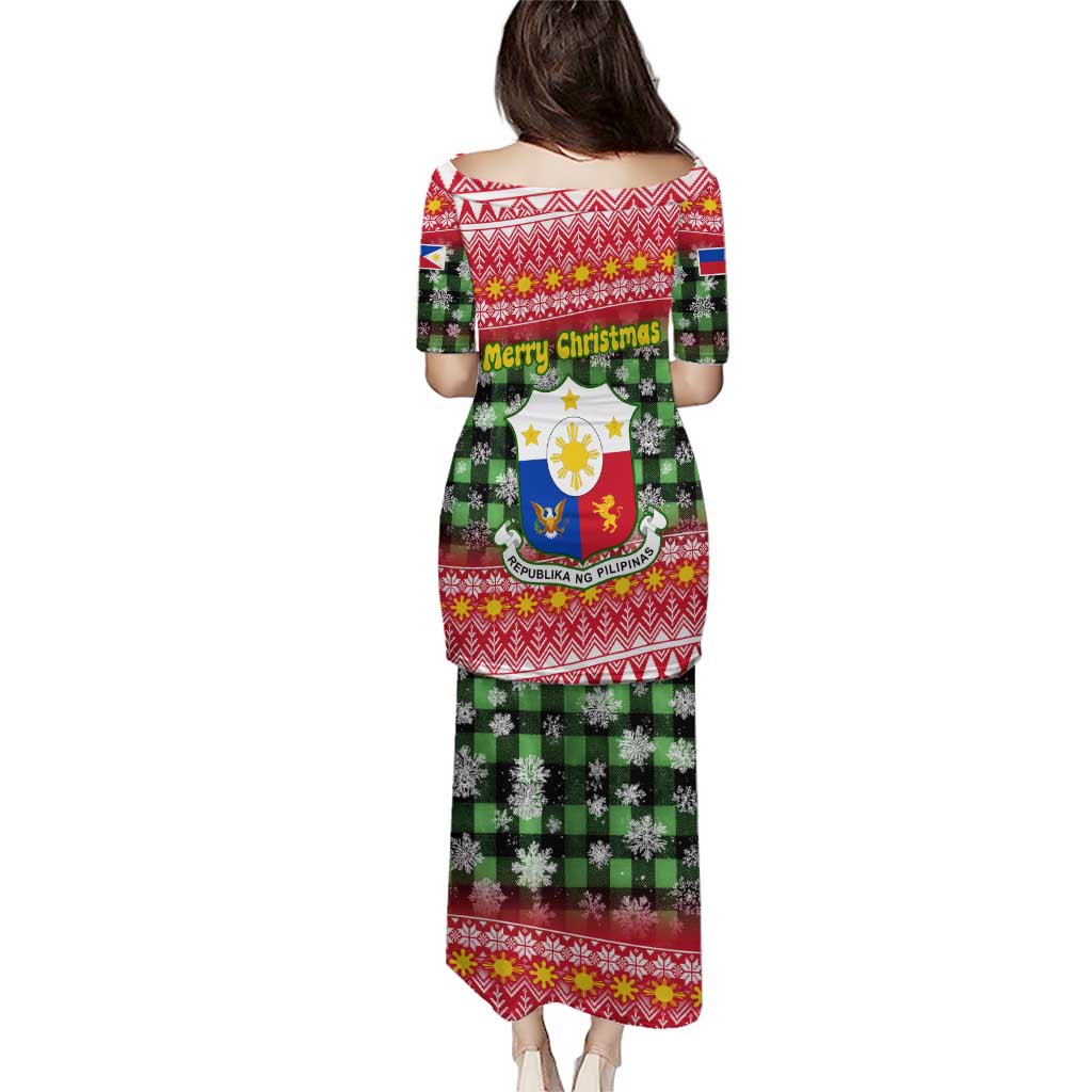 Philippines Christmas Puletasi with Red-Green Plaid Design, Yellow Lion, and National Coat of Arms Motif - Wonder Print Shop