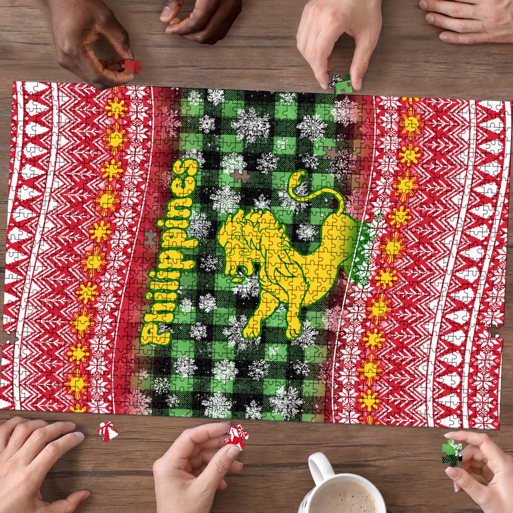 Philippines Christmas Puzzle with Red-Green Plaid Design, Yellow Lion, and National Coat of Arms Motif - Wonder Print Shop