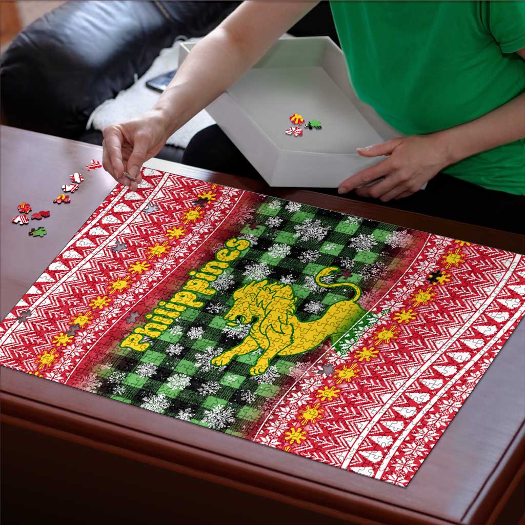 Philippines Christmas Puzzle with Red-Green Plaid Design, Yellow Lion, and National Coat of Arms Motif - Wonder Print Shop