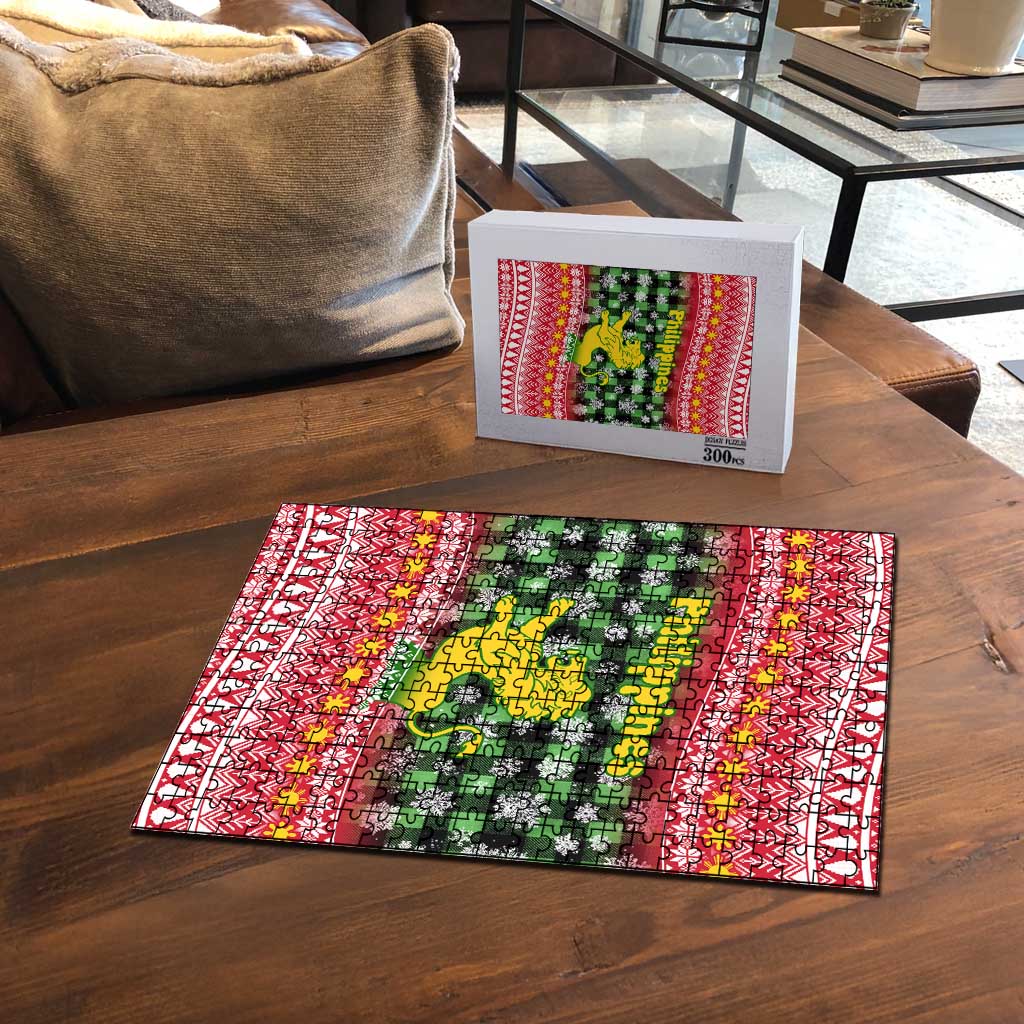 Philippines Christmas Puzzle with Red-Green Plaid Design, Yellow Lion, and National Coat of Arms Motif - Wonder Print Shop