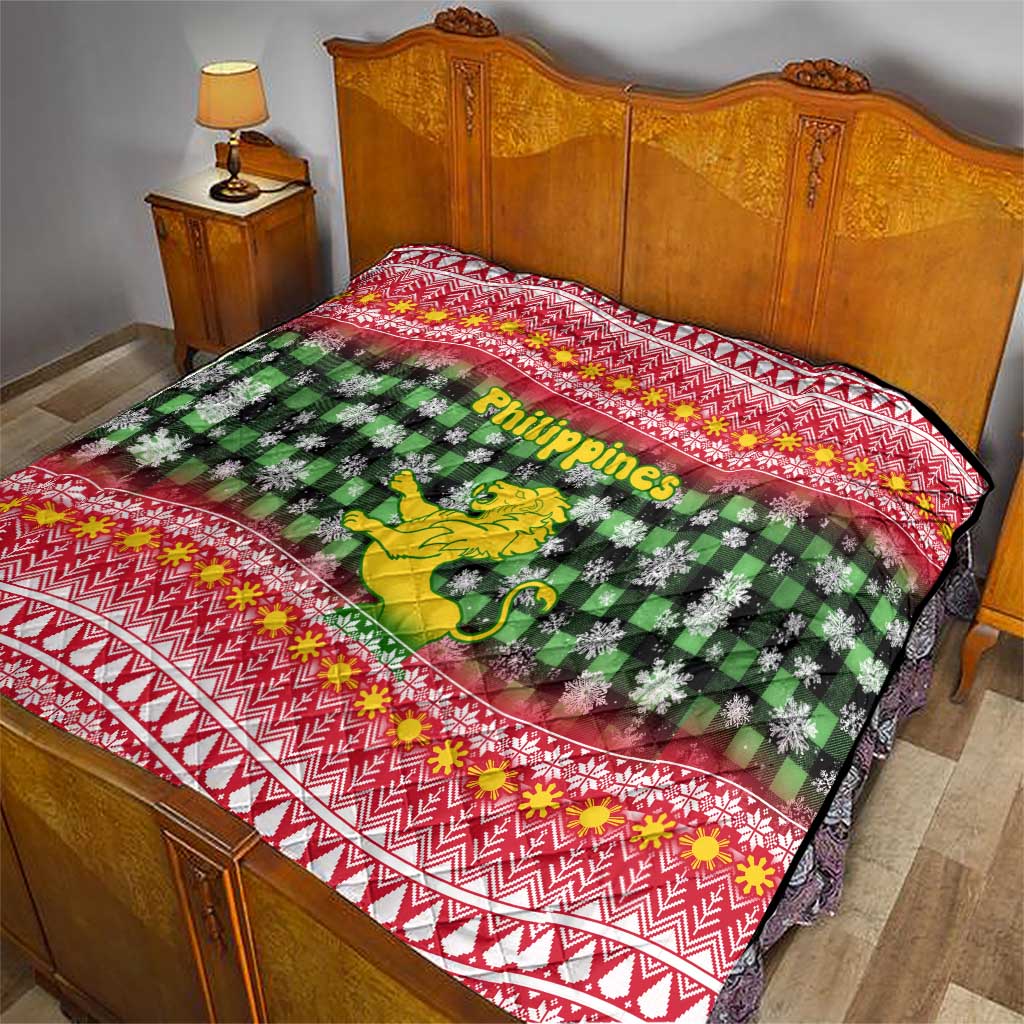 Philippines Christmas Quilt with Red-Green Plaid Design, Yellow Lion, and National Coat of Arms Motif - Wonder Print Shop