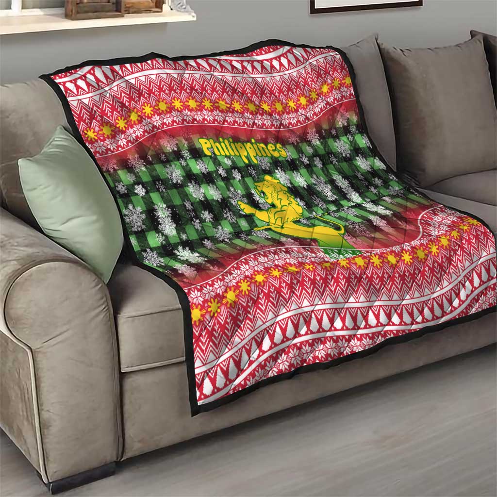 Philippines Christmas Quilt with Red-Green Plaid Design, Yellow Lion, and National Coat of Arms Motif - Wonder Print Shop