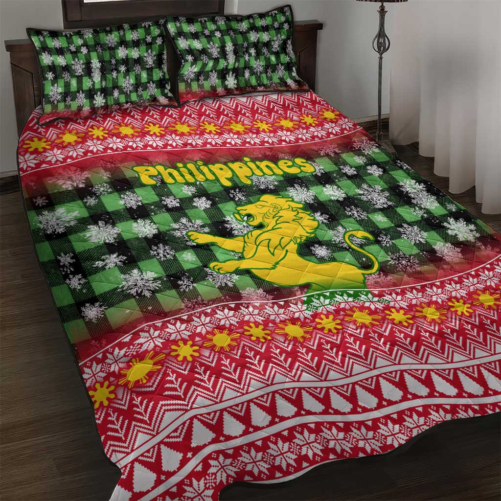 Philippines Christmas Quilt Bed Set with Red-Green Plaid Design, Yellow Lion, and National Coat of Arms Motif - Wonder Print Shop