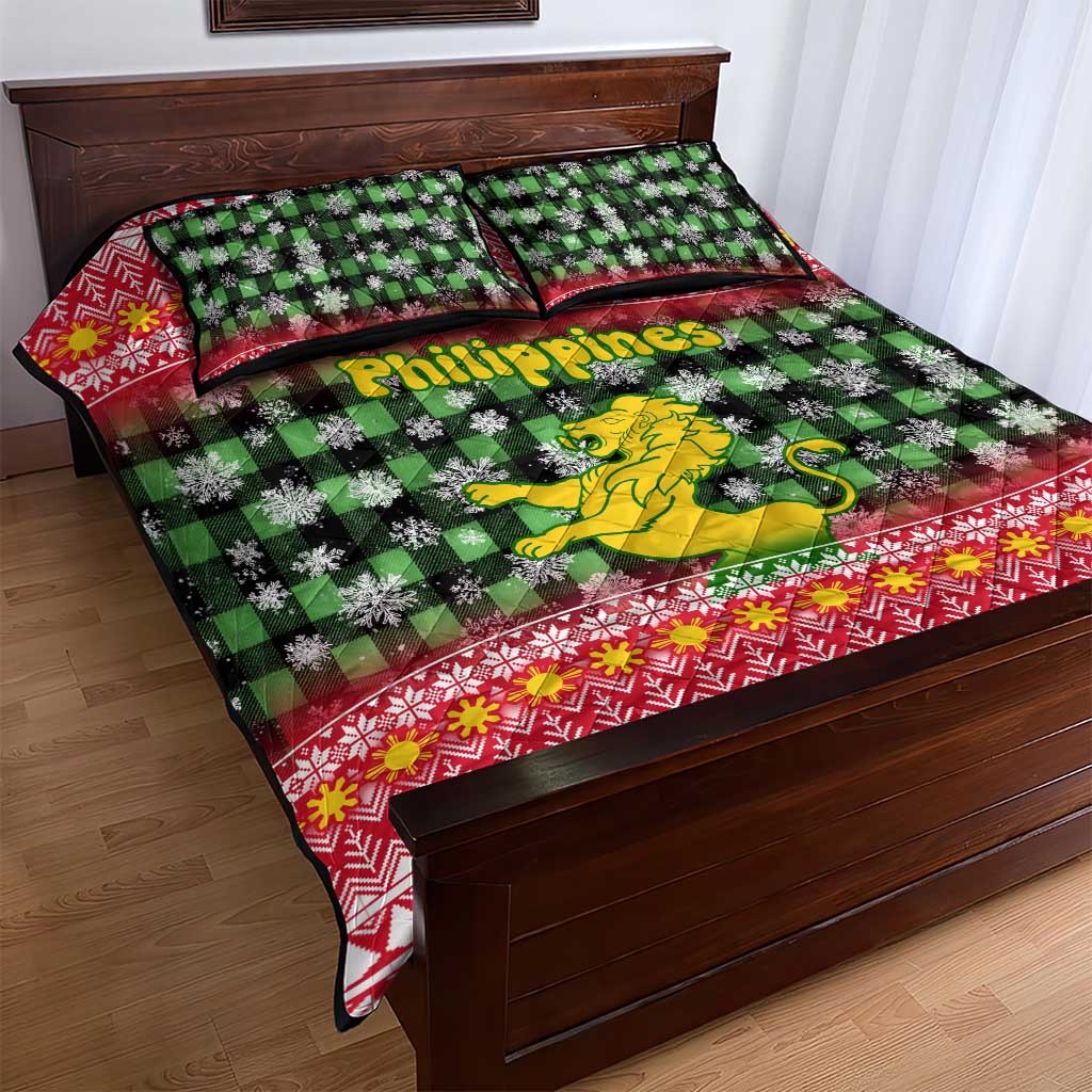 Philippines Christmas Quilt Bed Set with Red-Green Plaid Design, Yellow Lion, and National Coat of Arms Motif - Wonder Print Shop