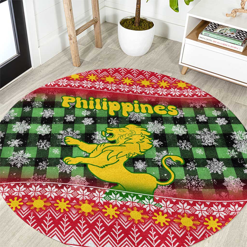Philippines Christmas Round Carpet with Red-Green Plaid Design, Yellow Lion, and National Coat of Arms Motif - Wonder Print Shop