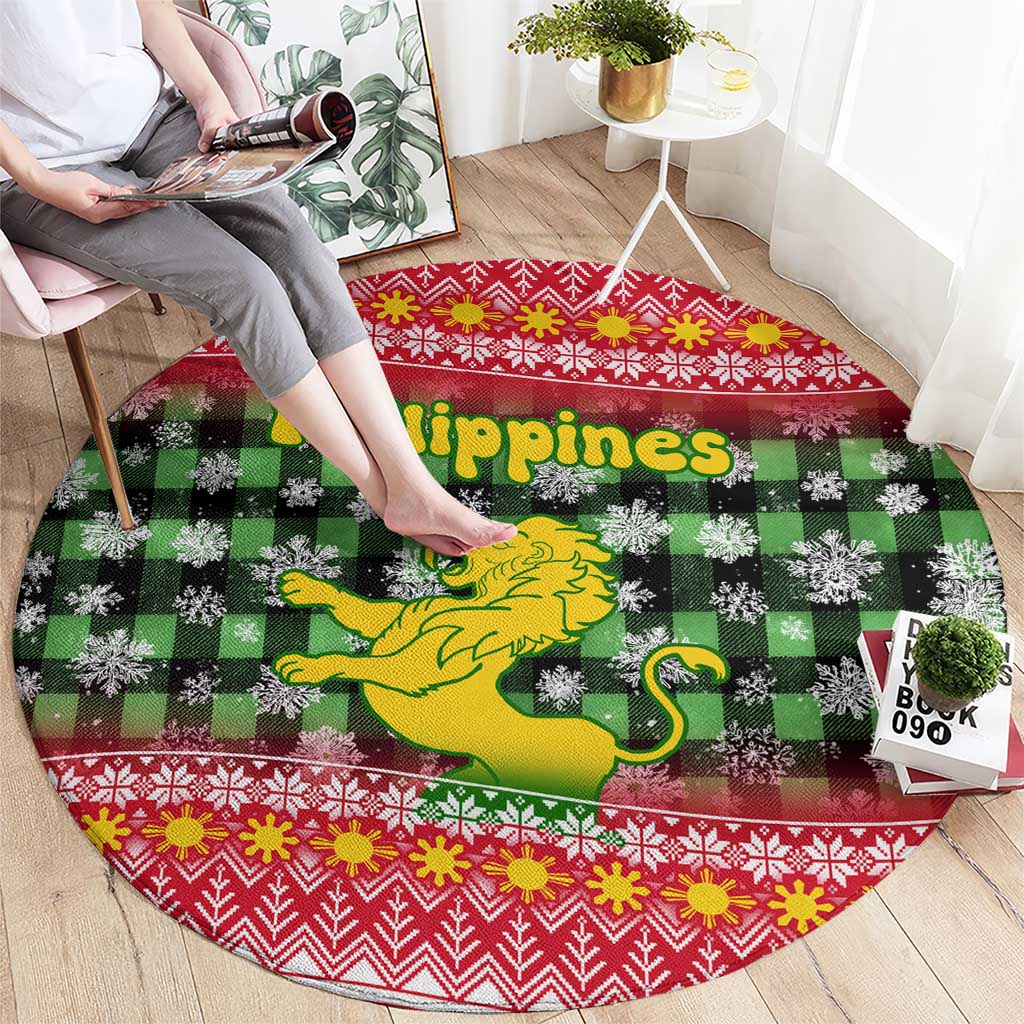 Philippines Christmas Round Carpet with Red-Green Plaid Design, Yellow Lion, and National Coat of Arms Motif - Wonder Print Shop