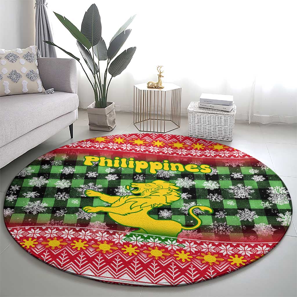 Philippines Christmas Round Carpet with Red-Green Plaid Design, Yellow Lion, and National Coat of Arms Motif - Wonder Print Shop