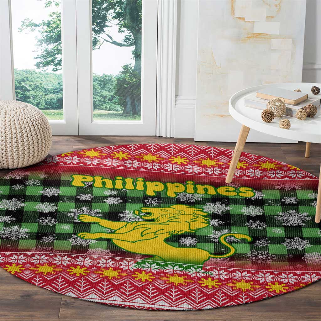 Philippines Christmas Round Carpet with Red-Green Plaid Design, Yellow Lion, and National Coat of Arms Motif - Wonder Print Shop