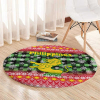 Philippines Christmas Round Carpet with Red-Green Plaid Design, Yellow Lion, and National Coat of Arms Motif - Wonder Print Shop