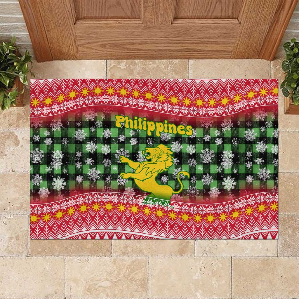 Philippines Christmas Rubber Doormat with Red-Green Plaid Design, Yellow Lion, and National Coat of Arms Motif - Wonder Print Shop