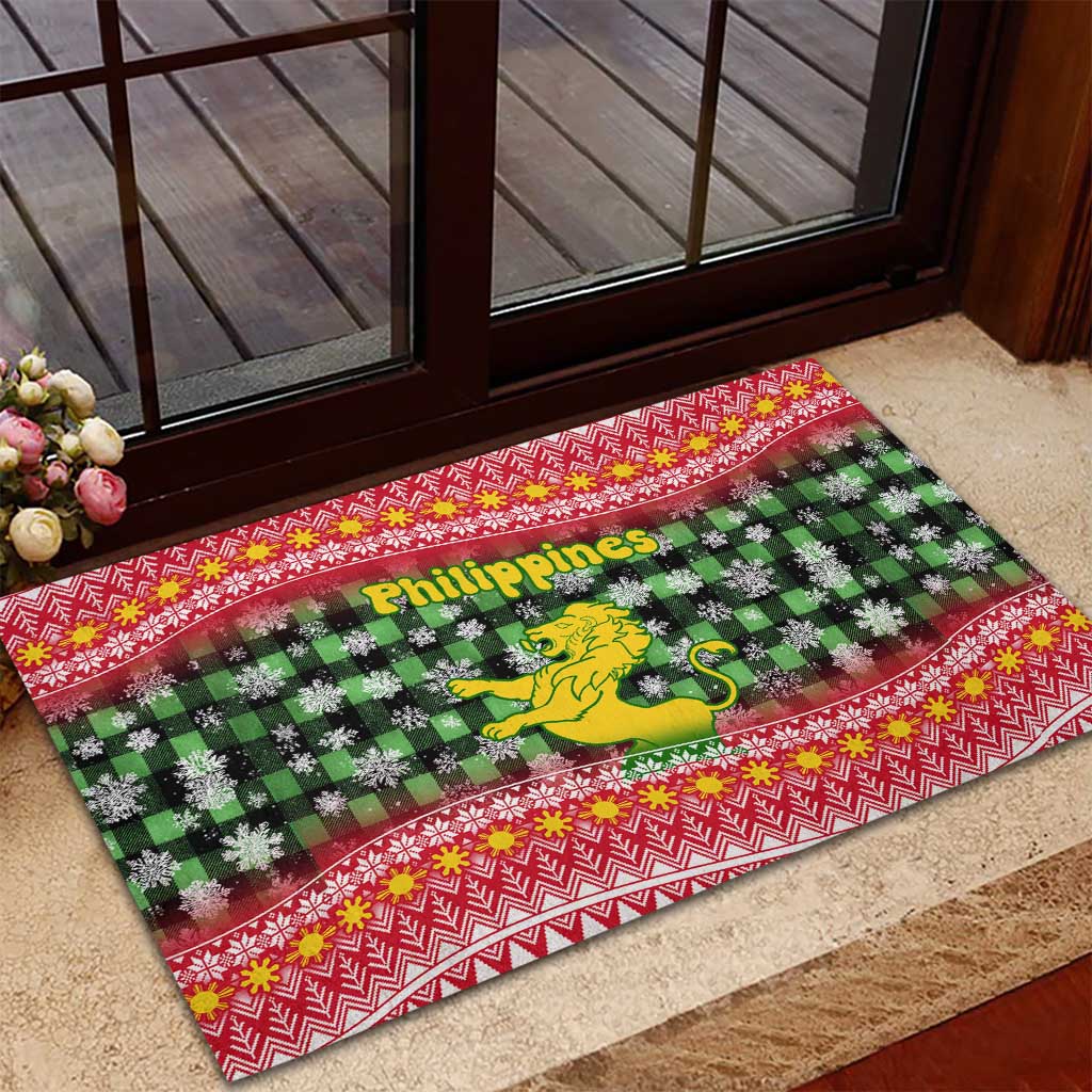 Philippines Christmas Rubber Doormat with Red-Green Plaid Design, Yellow Lion, and National Coat of Arms Motif - Wonder Print Shop
