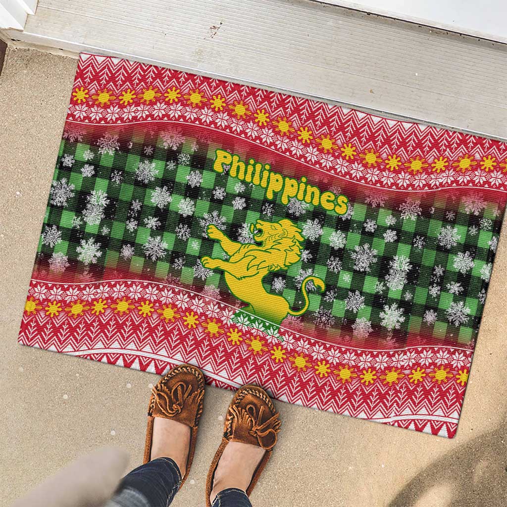 Philippines Christmas Rubber Doormat with Red-Green Plaid Design, Yellow Lion, and National Coat of Arms Motif - Wonder Print Shop