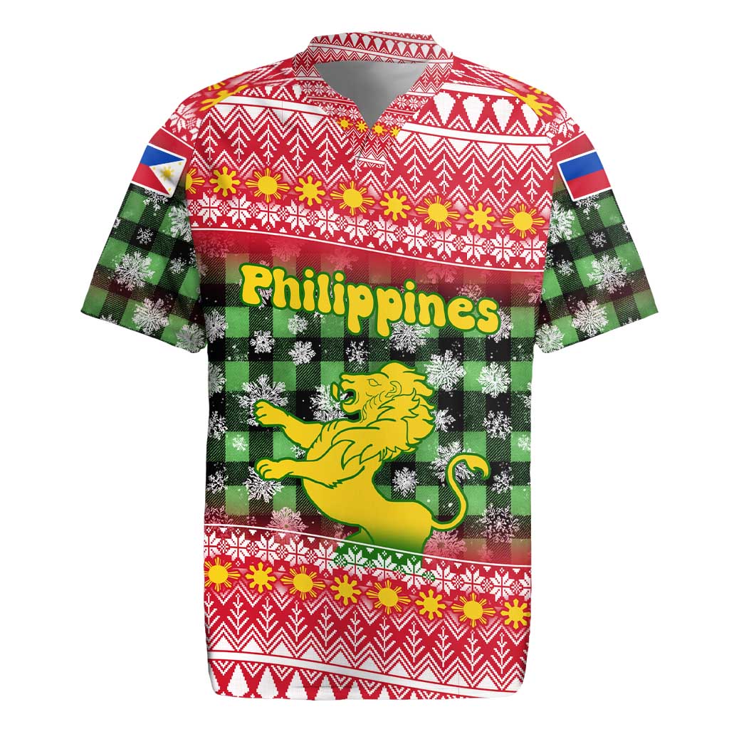 Philippines Christmas Rugby Jersey with Red-Green Plaid Design, Yellow Lion, and National Coat of Arms Motif - Wonder Print Shop