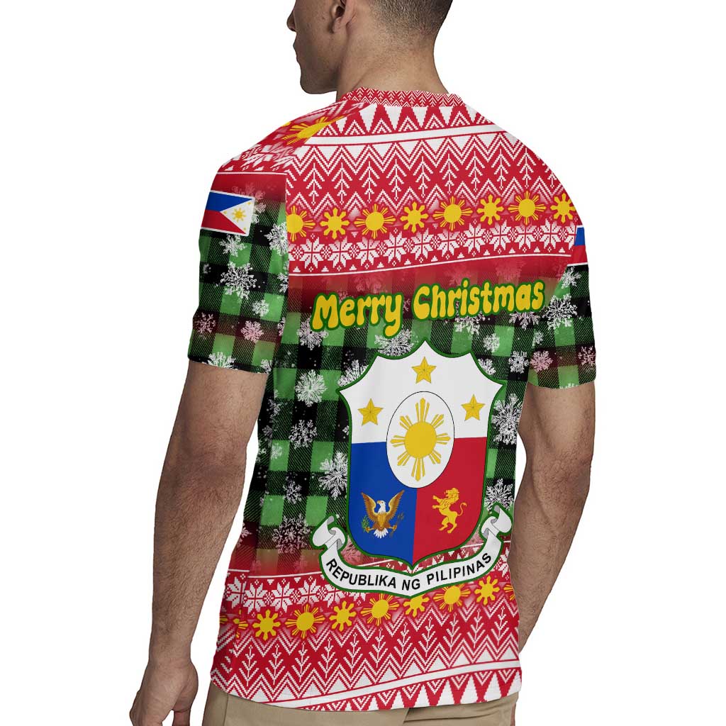 Philippines Christmas Rugby Jersey with Red-Green Plaid Design, Yellow Lion, and National Coat of Arms Motif - Wonder Print Shop