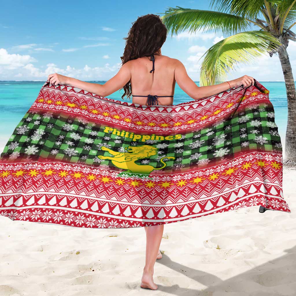 Philippines Christmas Sarong with Red-Green Plaid Design, Yellow Lion, and National Coat of Arms Motif - Wonder Print Shop