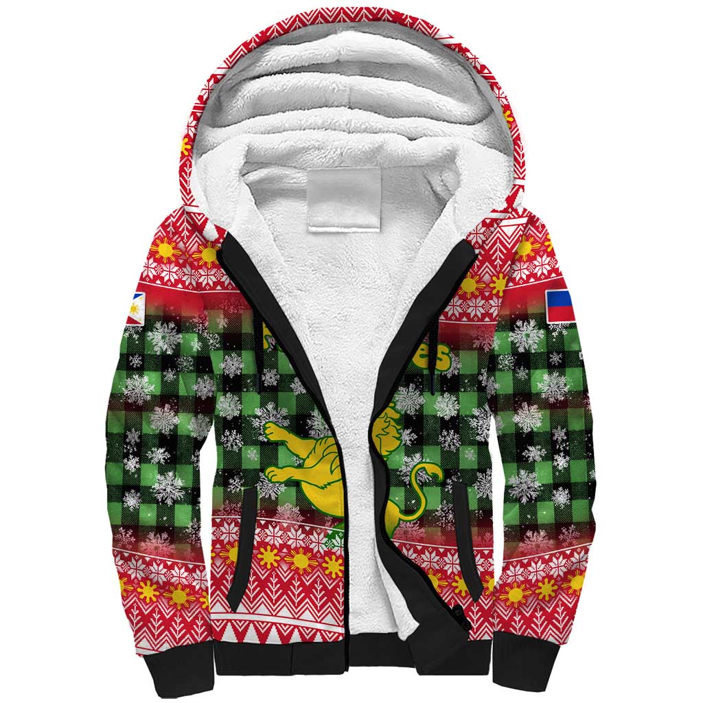 Philippines Christmas Sherpa Hoodie with Red-Green Plaid Design, Yellow Lion, and National Coat of Arms Motif - Wonder Print Shop