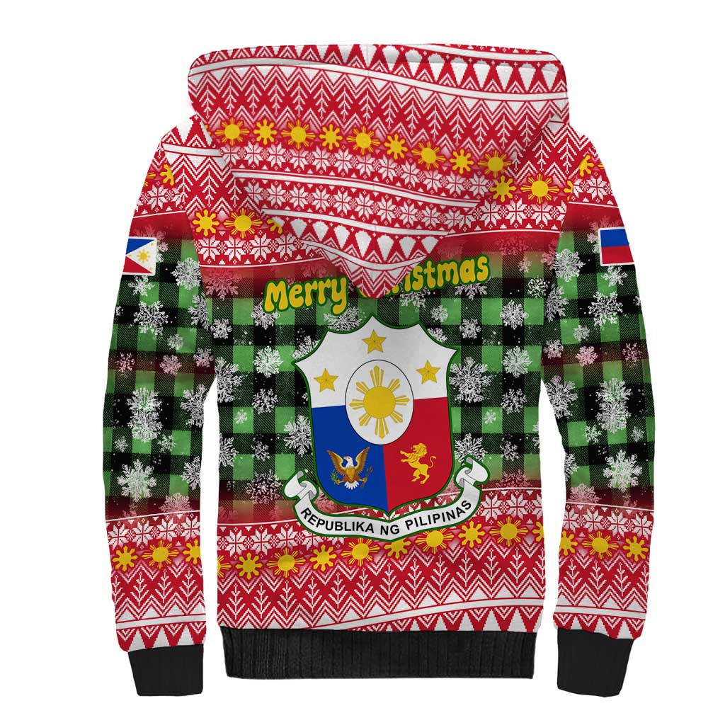 Philippines Christmas Sherpa Hoodie with Red-Green Plaid Design, Yellow Lion, and National Coat of Arms Motif - Wonder Print Shop